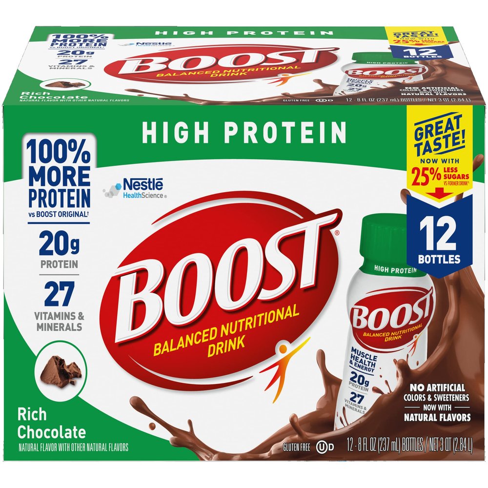 Boost High Protein Balanced Nutritional Drink, Rich Chocolate, Muscle Health & Energy with Protein, Vitamins & Minerals, 25% Less Sugars, 8 FL OZ Bottles, 12 CT (Pack of 1)