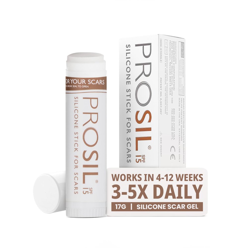ProSil Silicone Scar Gel Stick with SPF 15  Patented Scar Treatment in a Mess-Free, Compact Glide-On Stick - Made from Premium-Grade Silicone - Gentle on All Skin Types, Including Kids - 17g