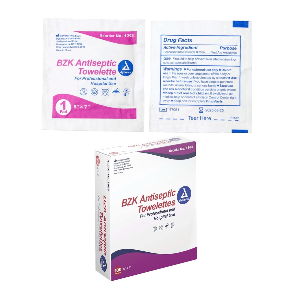 Dynarex BZK Antiseptic Towelettes, Moist Sanitizing Towelettes Designed to Prevent Infection in Minor Wounds, 5x7, Disposable & Individually Wrapped, 1 Box of 100 (Packaging May Vary)