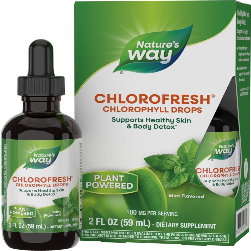 Natures Way Chlorofresh Chlorophyll Drops, Supports Detox Pathways*, Liquid Chlorophyllin Copper Complex, Supports Healthy Skin*, Internal Deodorant*, Mint Flavored, 2 Fl Oz (Packaging May Vary)