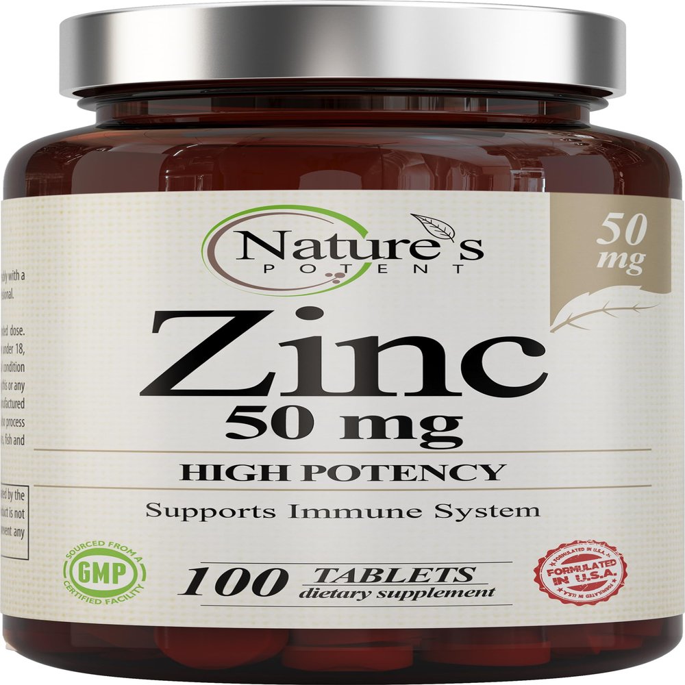 Zinc 50mg [High Potency] Supplement - Immune Support System from Natural Zinc (Oxide/Citrate) 100 Tablets, Made by Natures Potent.