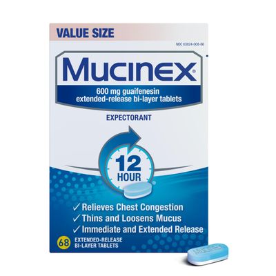 Mucinex 12 Hour 600 mg Guaifenesin Extended-Release Tablets for Excess Mucus Relief, Expectorant Aids Excess Mucus Removal, Chest Congestion Relief, 68 Bi-Layer Tablets