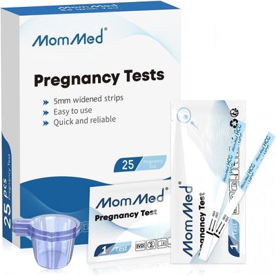 MomMed Pregnancy Test, 25 HCG Pregnancy Test Strips for Early Detection, Over 99% Accurate, 25 Free Urine Cups, Bulk Pregnancy Tests for Home Use, Pruebas de Embarazo