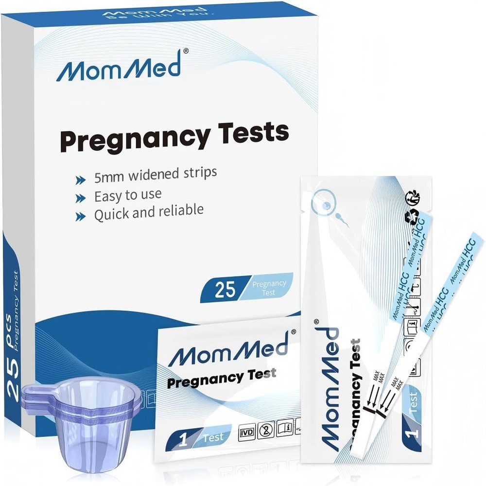 MomMed Pregnancy Test, 25 HCG Pregnancy Test Strips for Early Detection, Over 99% Accurate, 25 Free Urine Cups, Bulk Pregnancy Tests for Home Use, Pruebas de Embarazo