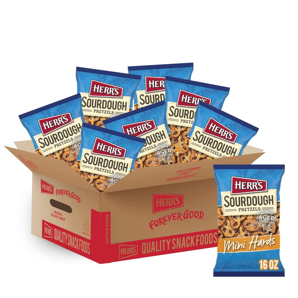 Herr's Mini Sourdough Hard Pretzels, 16 Ounce (Pack of 7 Bags)  Hearty Mini Pretzels with Rich Sourdough Flavor  A Satisfying Snack for Any Time of Day