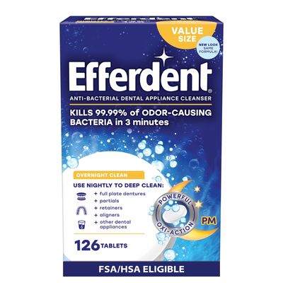 Efferdent Retainer Cleaning Tablets, Denture Cleaning Tablets for Dental Appliances, Overnight Whitening, 126 Count