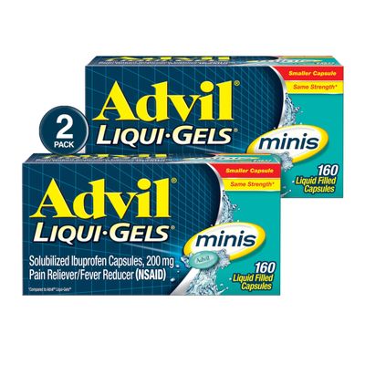 Advil Liqui-Gels minis Pain Reliever and Fever Reducer, Pain Medicine for Adults with Ibuprofen 200mg for Pain Relief - 2x160 Liquid Filled Capsules