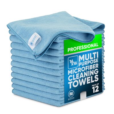 MW Pro Multi-Surface Microfiber Towel  12 Pack | Premium Cleaning Cloth | Clean, Buff, Dust, Polish, Absorb | Large 16"x16" (Blue)