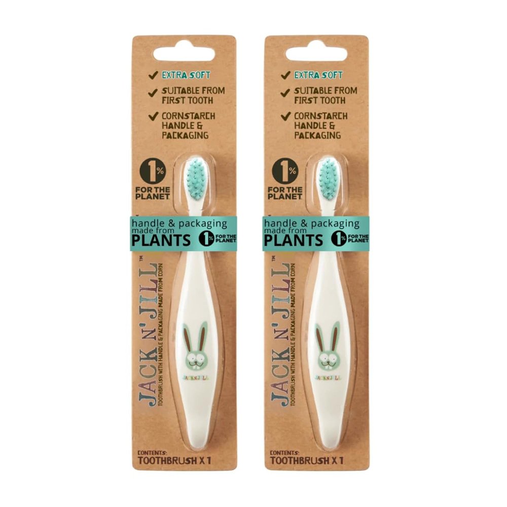 Jack N' Jill Kids Toothbrush - Extra Soft Bristle Toothbrush for Kids, Handle & Packaging Made from Plants (Corn), Ergonomic Handle for Little Hands - Bunny Baby (2 Pack)