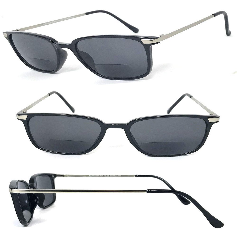 1 Pair Fashion Square Inner Bifocal Tinted Sun Reader Reading Sunglasses (Shiny Black/Silver, 2.00)