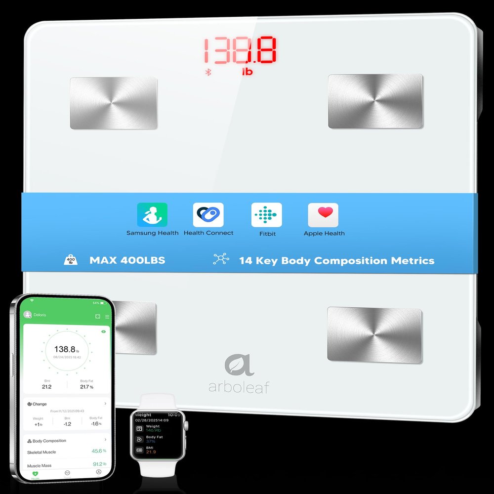 arboleaf Smart Scale for Body Weight and Fat, Bluetooth Digital Bathroom Scale, Body Composition Analyzer with App, 14 Metrics Include BMI, 400lb Capacity(White)