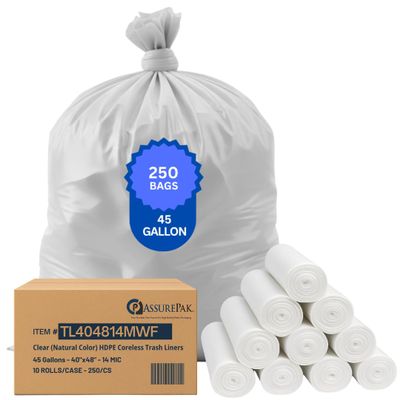 ASSUREPAK 45 Gallons Clear (Natural Color) HDPE Coreless Trash Liners - Plastic Trash Bags - 40"x48" - 250 Bags - 14 microns - Clear - 10 Rolls/Case, 25 Bags/Roll