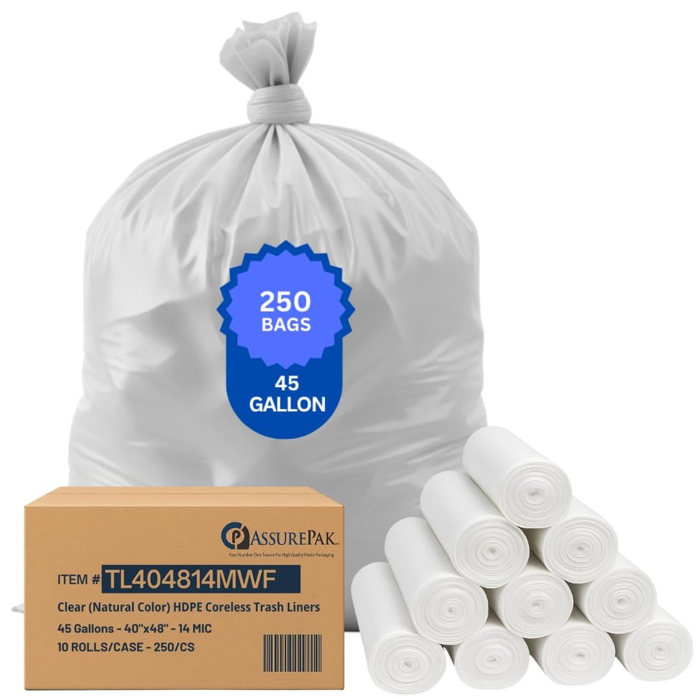 ASSUREPAK 45 Gallons Clear (Natural Color) HDPE Coreless Trash Liners - Plastic Trash Bags - 40"x48" - 250 Bags - 14 microns - Clear - 10 Rolls/Case, 25 Bags/Roll