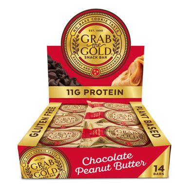 Grab The Gold Chocolate Peanut Butter Protein Snack Bars | 11g Plant-Based Protein, Organic Oats, Gluten-Free, Vegan, Dairy-Free, Kosher, High-Fiber Energy Bars | 14 Bars