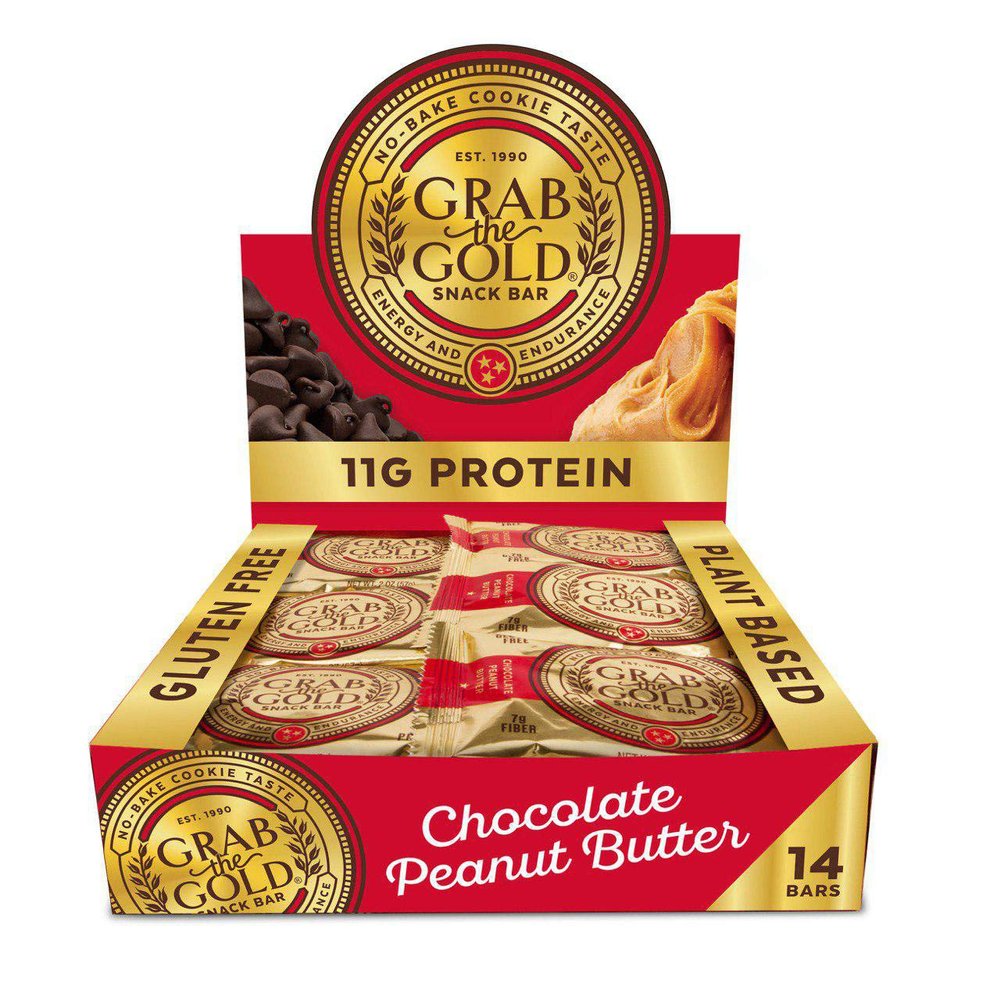 Grab The Gold Chocolate Peanut Butter Protein Snack Bars | 11g Plant-Based Protein, Organic Oats, Gluten-Free, Vegan, Dairy-Free, Kosher, High-Fiber Energy Bars | 14 Bars