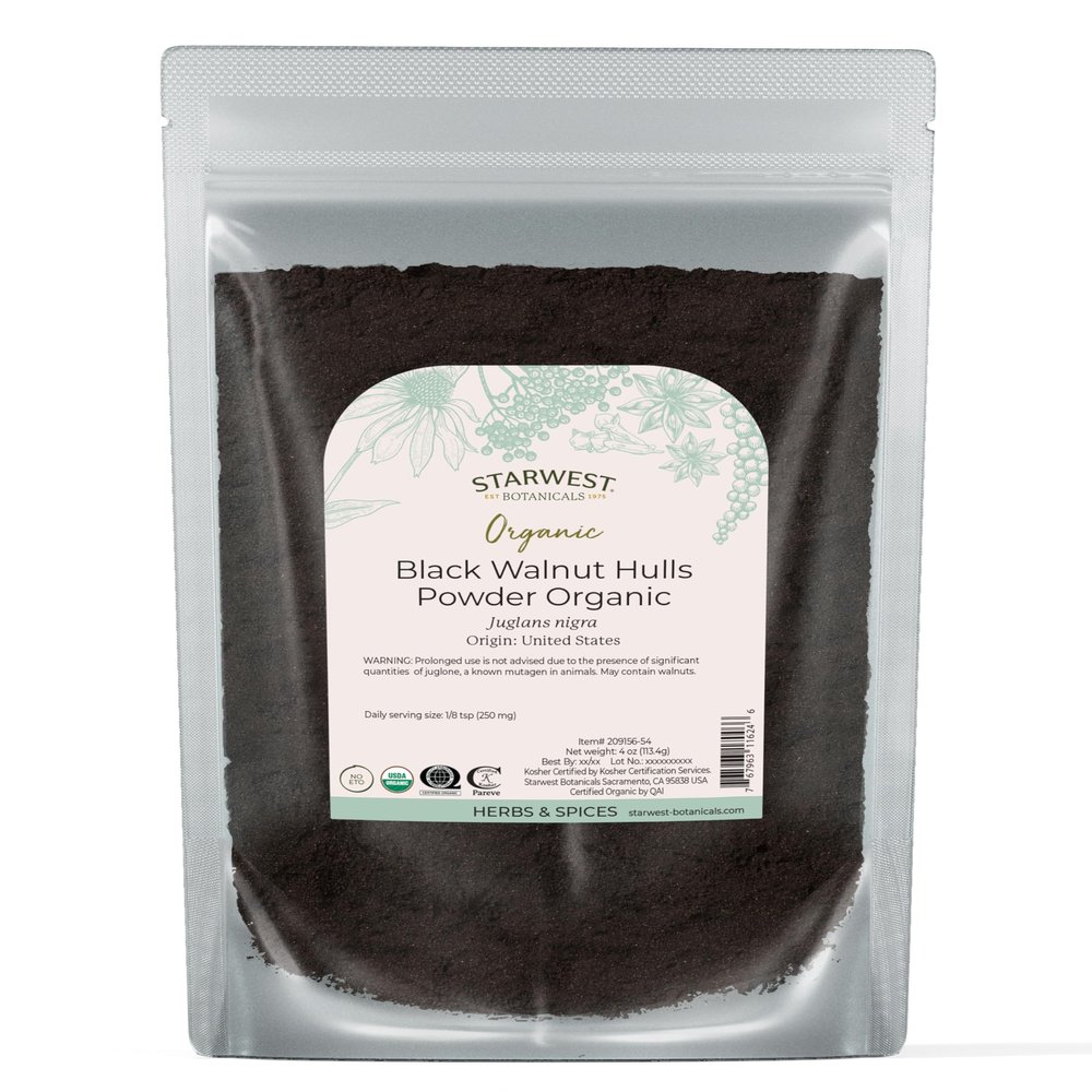 Starwest Botanicals Organic Black Walnut Hull Powder - Finely Ground, Use for Tea, Baking, & Capsules, Natural Digestion Support, Certified Kosher, Non-GMO - 4 oz Pouch