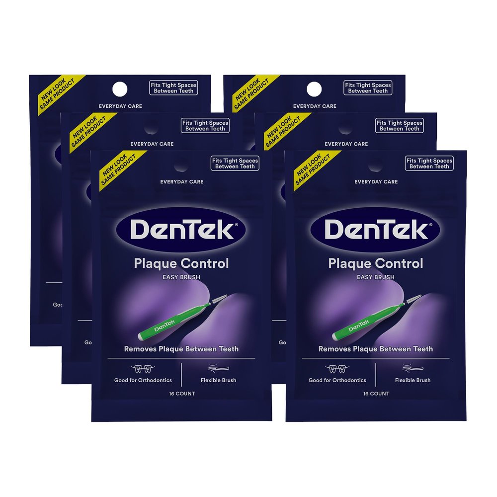 Dentek Interdental Brushes - Tight, 16 Count, 6 Pack - Easy-Brush Interdental Plaque Remover with Fluoride - Cleans Tight Spaces Around Teeth, Braces & Other Dental Appliances