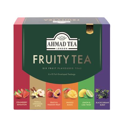 Ahmad Tea Black & Green Tea, Fruitytea Assorted Sampler Variety Gift Box, 60 Foil Teabags - Caffeinated & Sugar-Free