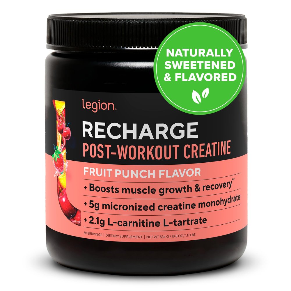 Legion Recharge Post Workout Supplement - All Natural Muscle Builder & Recovery Drink With Creatine Monohydrate. Naturally Sweetened & Flavored, Safe & Healthy. 60 Servings. (Fruit Punch, 60 Servings)