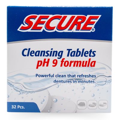 Secure Daily Cleansing Tablets - pH 9 Formula Thoroughly Cleans Dentures - Fights Odors, Stains & Germs - For Dentures, Nightguards, Retainers & Partials - 32 Tablets (1 Pack)