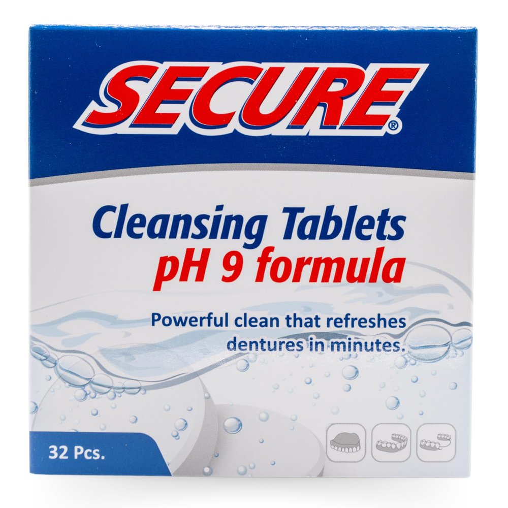 Secure Daily Cleansing Tablets - pH 9 Formula Thoroughly Cleans Dentures - Fights Odors, Stains & Germs - For Dentures, Nightguards, Retainers & Partials - 32 Tablets (1 Pack)