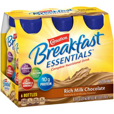 Nestle Carnation Breakfast Essentials Complete Nutritional Drink Chocolate 8 oz Bottle 24 Ct