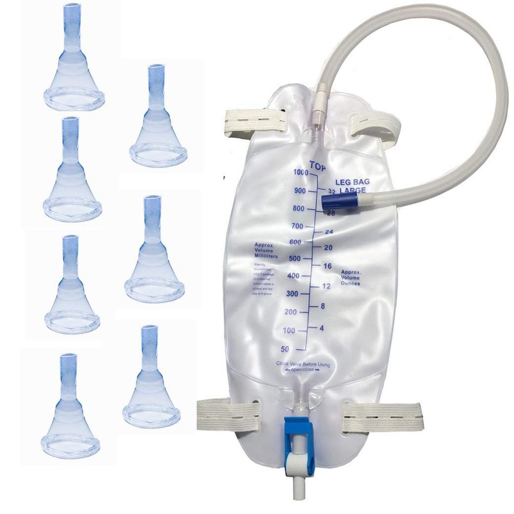 Male Complete Kit Urinary Incontinence 7-Condom Catheters External Self-Seal,Premium Leg Bag 1000mlwith 18" Tubing, Straps & Fast and Easy Draining (31mm (Intermediate))