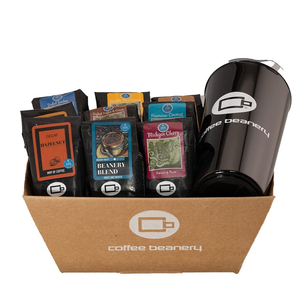 Specialty Decaf Coffee Gift Basket with Mug, Gourmet Coffee Gift, 9 one pot samples of coffee