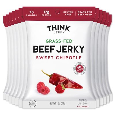 Think Jerky Sweet Chipotle Beef Jerky, Grass-Fed High Protein Beef, Gluten Free, No Antibiotics or Nitrates, Healthy Chef Crafted Recipe, Low Calorie and Low Fat - 1.0 oz Bags, 12 Pack