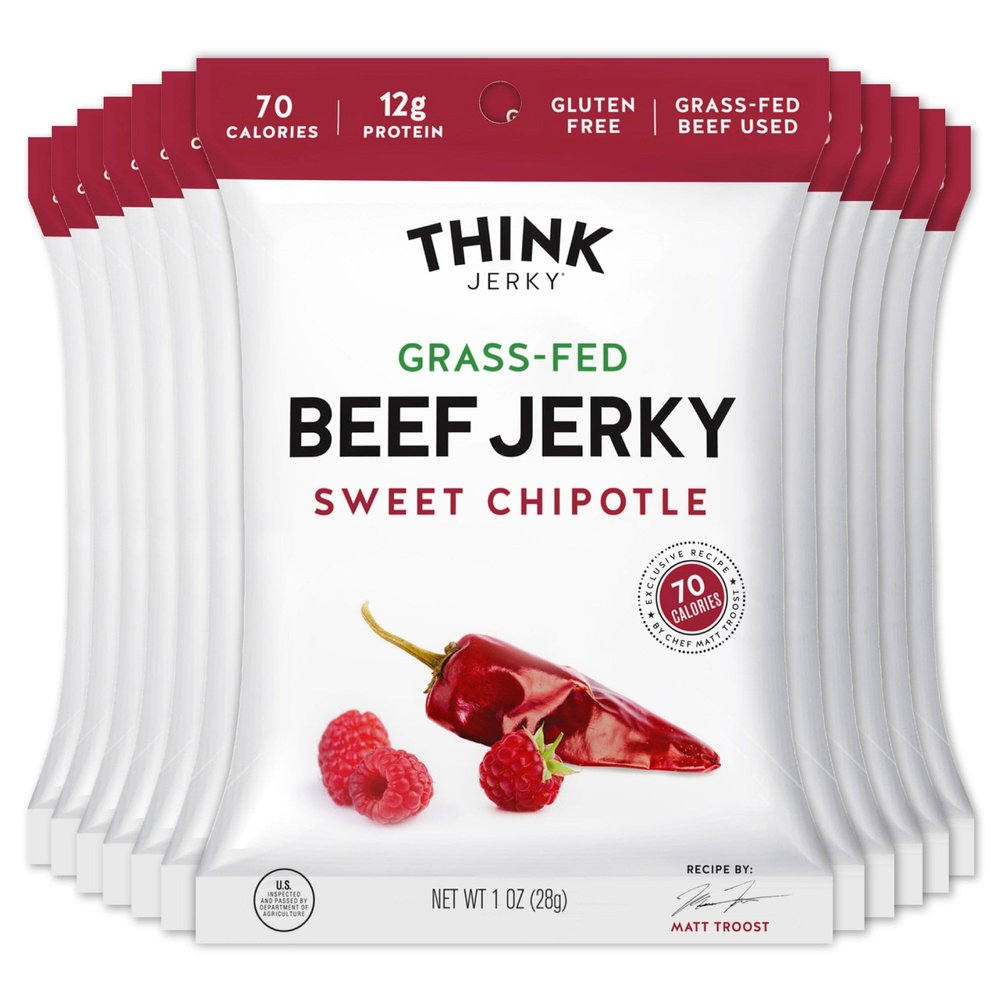 Think Jerky Sweet Chipotle Beef Jerky, Grass-Fed High Protein Beef, Gluten Free, No Antibiotics or Nitrates, Healthy Chef Crafted Recipe, Low Calorie and Low Fat - 1.0 oz Bags, 12 Pack