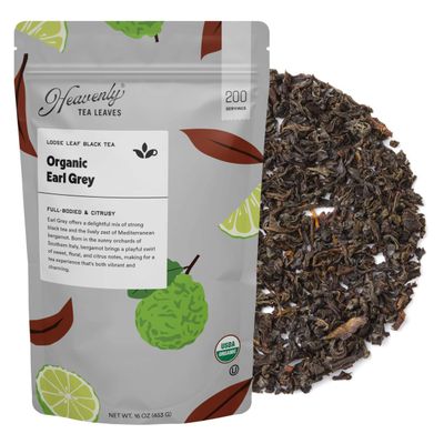 Heavenly Tea Leaves Organic Earl Grey, Bulk Loose Leaf Black Tea, 1 Lb. (Approx. 200 Cups) - Strong, Full Bodied, Brisk, Great For Hot Or Iced Tea, Naturally Caffeinated, Premium Quality