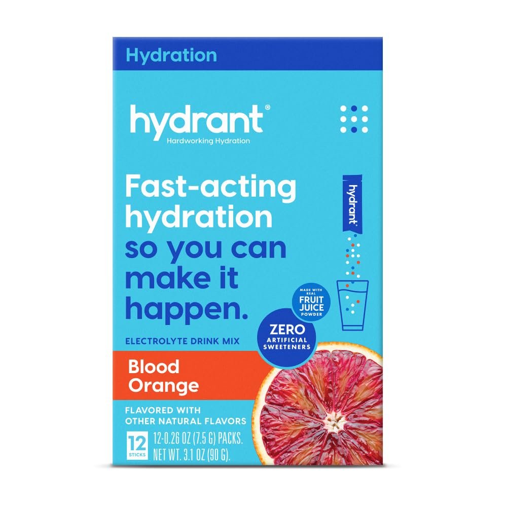 Hydrant - Hydration Powder, Blood Orange Flavor, 12 Individual Instant Electrolyte Rehydration Packets - Low Sugar Drink Mix for Daily Use, Travel & Workouts