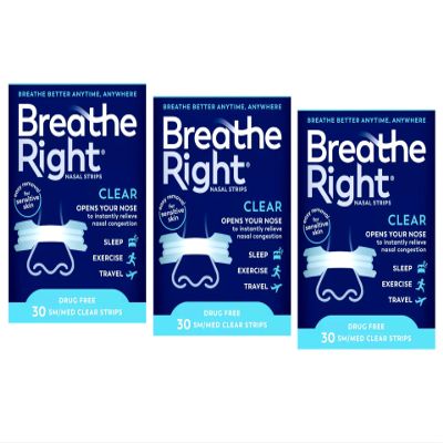 Breathe Right Nasal Strips, Small/Medium, Clear, 30 Count (Pack of 3)