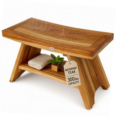 EcoDecors 30 Inch Serenity Teak Shower Bench  Waterproof Bathroom Seat-Large Storage Shelf for Adults & Senior-Spa-Style Teak Wood Stool-Non-Slip Feet-Elegant Finish-300 Pound Capacity