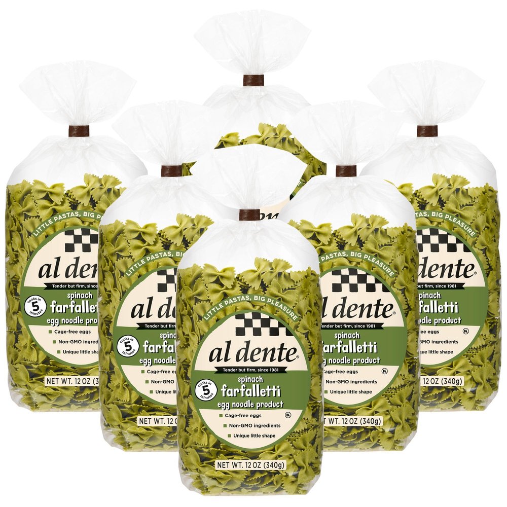 Al Dente Spinach Farfalletti  All-Natural, Hand-Crafted Spinach Egg Pasta. Traditional Pasta Noodles Made With Cage-Free Eggs & Durum Wheat, Great for Soups, Stews, & More. 12oz Bags (Pack of 6)