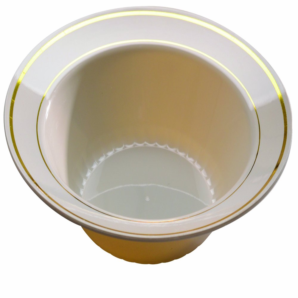 Fineline settings Round Plastic Soup Bowls-12 oz | Bone with Gold Rim |Pack of 15 Dinnerware Bowls, 12 oz, bone/gold