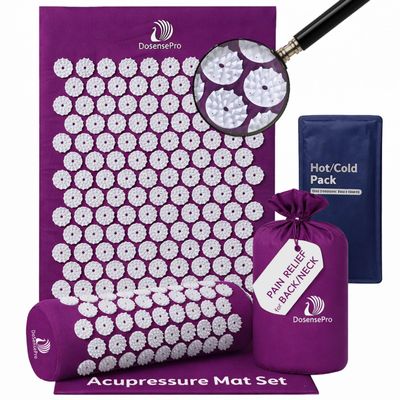 DoSensePro Acupressure Mat & Pillow Set Extra-Long 29 Acupressure Therapy for Back & Neck Pain Relief, Sciatica, Stress Relief & Sleep Support Includes Carry Bag & Hot/Cold Pack (Purple)