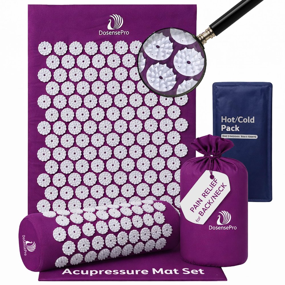 DoSensePro Acupressure Mat & Pillow Set Extra-Long 29 Acupressure Therapy for Back & Neck Pain Relief, Sciatica, Stress Relief & Sleep Support Includes Carry Bag & Hot/Cold Pack (Purple)