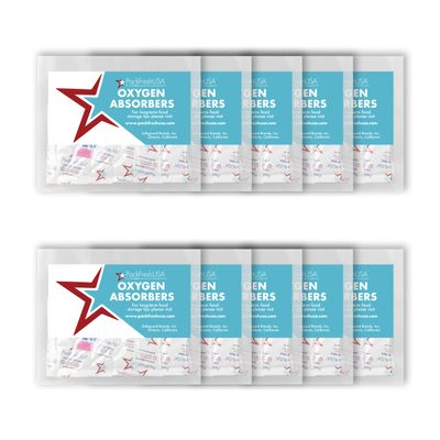 PackFreshUSA: 100cc Oxygen Absorber Compartment Packs - Food Grade - Non-Toxic - Food Preservation - Long-Term Food Storage Guide Included - 50 Count in 10 Compartment Packs