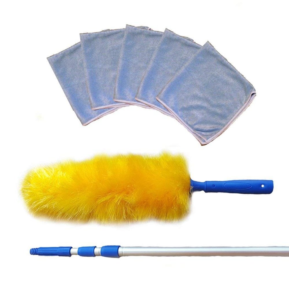18 Foot Extension Rod & Duster, Micro Fiber Duster, Cobwebs, Pest Control Duster, Computer Duster, Static Duster, Plus Bonus 5 Micro Fiber Cleaning Cloths, Cleaning High Ceilings, Cathedral Ceilings