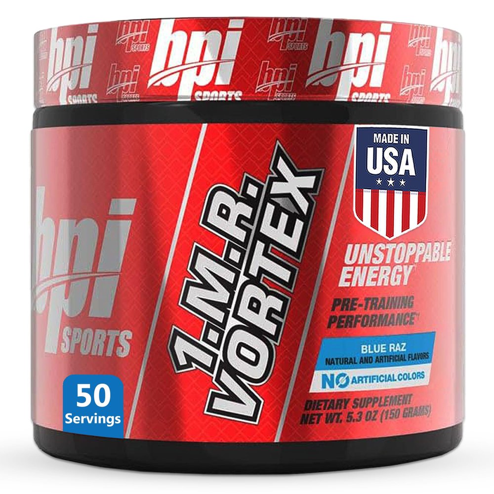 BPI Sports 1.M.R Vortex Pre Workout Powder High Stim Preworkout for Men & Women with Glycerol, Caffeine, Niacin, and Herbal Extracts Energy, Focus & Endurance Blue Raz Flavor 50 Servings