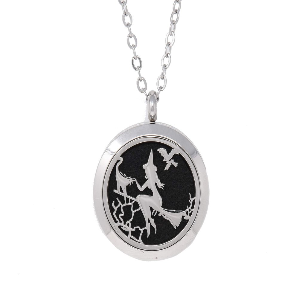 Aromatherapy Essential Oil Diffuser Stainless Steel 30MM Silver Magnetic Locket Pendant 2 Sizes Chain Necklace, Refill Pads & Diffuser Bracelet in a Velvet Bag (Witch)
