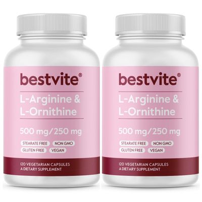 BESTVITE L-Arginine L-Ornithine 500-250 (240 Vegetarian Capsules) (120 x 2) - No Stearates - No Fillers - Vegan - Non GMO - Gluten Free - No Calcium Silicate