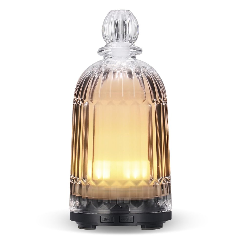 DOUDING Glass Essential Oil Diffuser, Ultrasonic Aroma Diffuser Glass Cover & Plastic Reservoir with 7 LED Color Changing Light, Auto Shut-Off for Home Office Spa, 120ml(Black Base)
