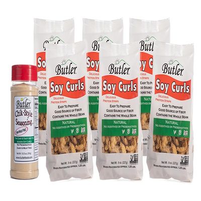 Butler Soy Curls 6 Pack - 6x 8 oz bags + 10.35 oz Chik-Style Seasoning