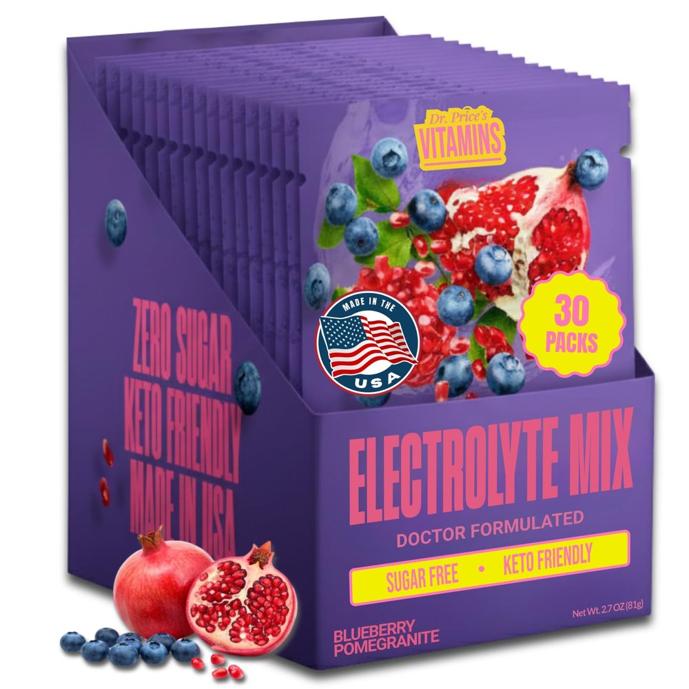 Dr. Prices Electrolytes Hydration Powder Packets Blueberry Pomegranate, 30 Packs | Sugar Free Electrolyte Drink Mix, 72+ Trace Minerals, Manganese | Keto, Vegan, Doctor-Formulated, Made in USA
