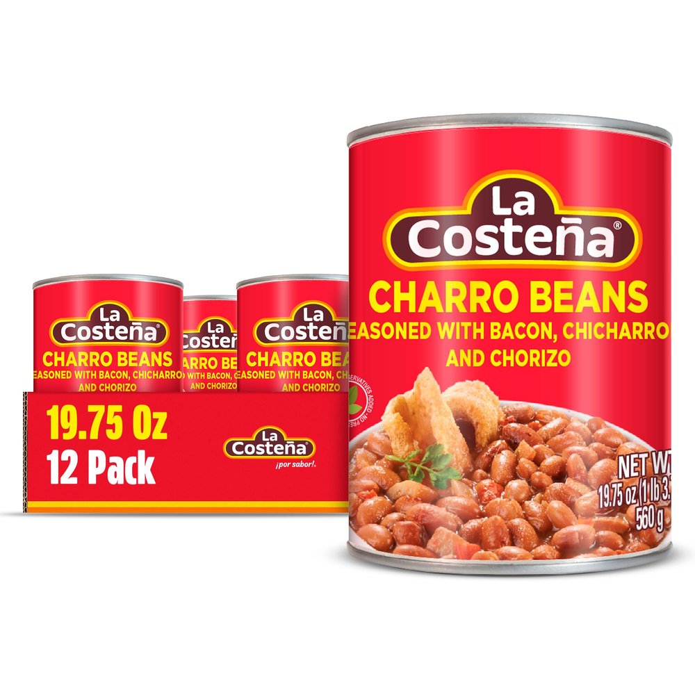 La Costea Charro Beans - Ready-to-Eat Canned Pinto Beans with Chorizo, Bacon & Chicharrones - Mexican Food, Tex Mex, Chili Ingredients, Bean Dip, Bean Burger & Burrito - 19.75oz, 12 Pack Canned Food