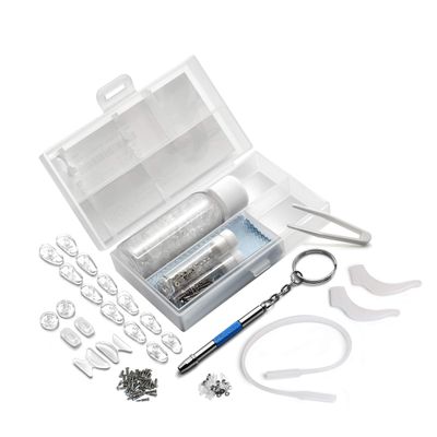 Glasses Repair Kits by SQV - 9 Types of Replacement Nose Pads for Eyeglass & Sunglass, Stick on Pad, Mini Screws, Rimless Screw, Eye Glass Screwdriver, Anti-Slip Strap & Tips, Travel Size (Premium)
