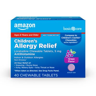 Amazon Basic Care Children's Allergy Relief, Loratadine Chewable Tablets, 5 mg, 24 Hour Medicine, Grape Flavored, 40 Count