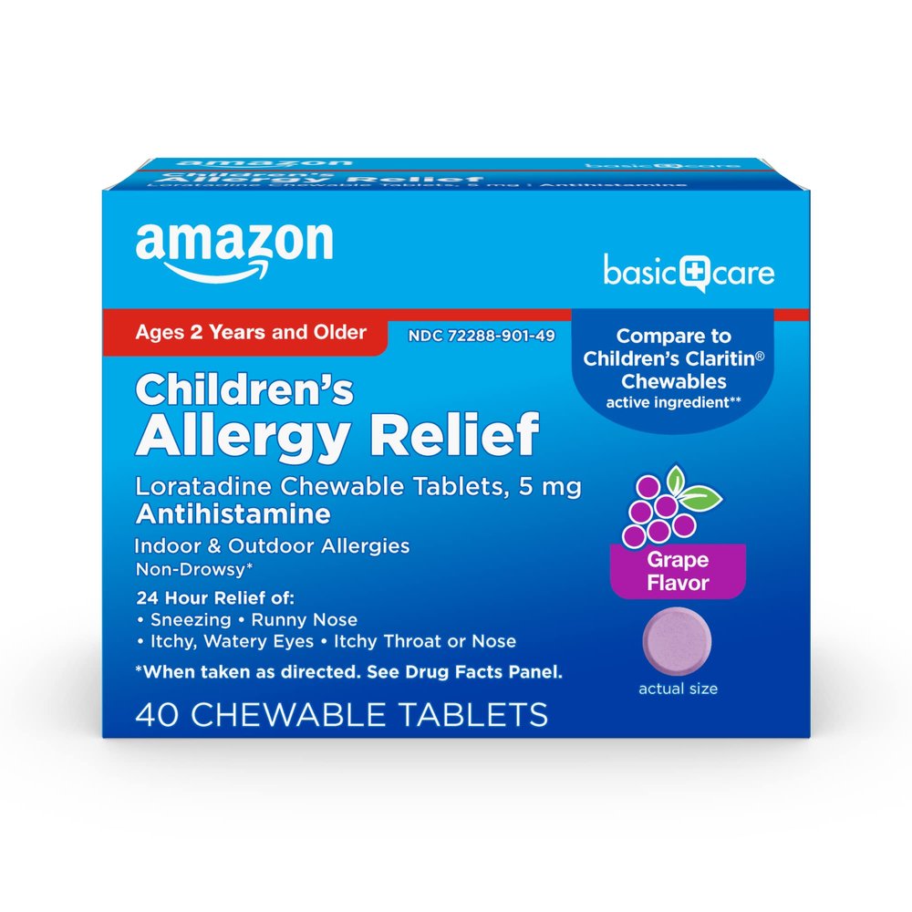 Amazon Basic Care Children's Allergy Relief, Loratadine Chewable Tablets, 5 mg, 24 Hour Medicine, Grape Flavored, 40 Count